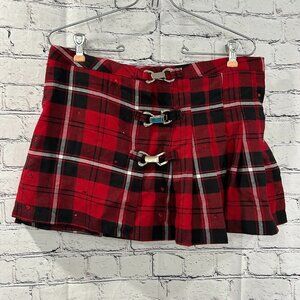 Red Plaid Mini Skirt with Buckle Details